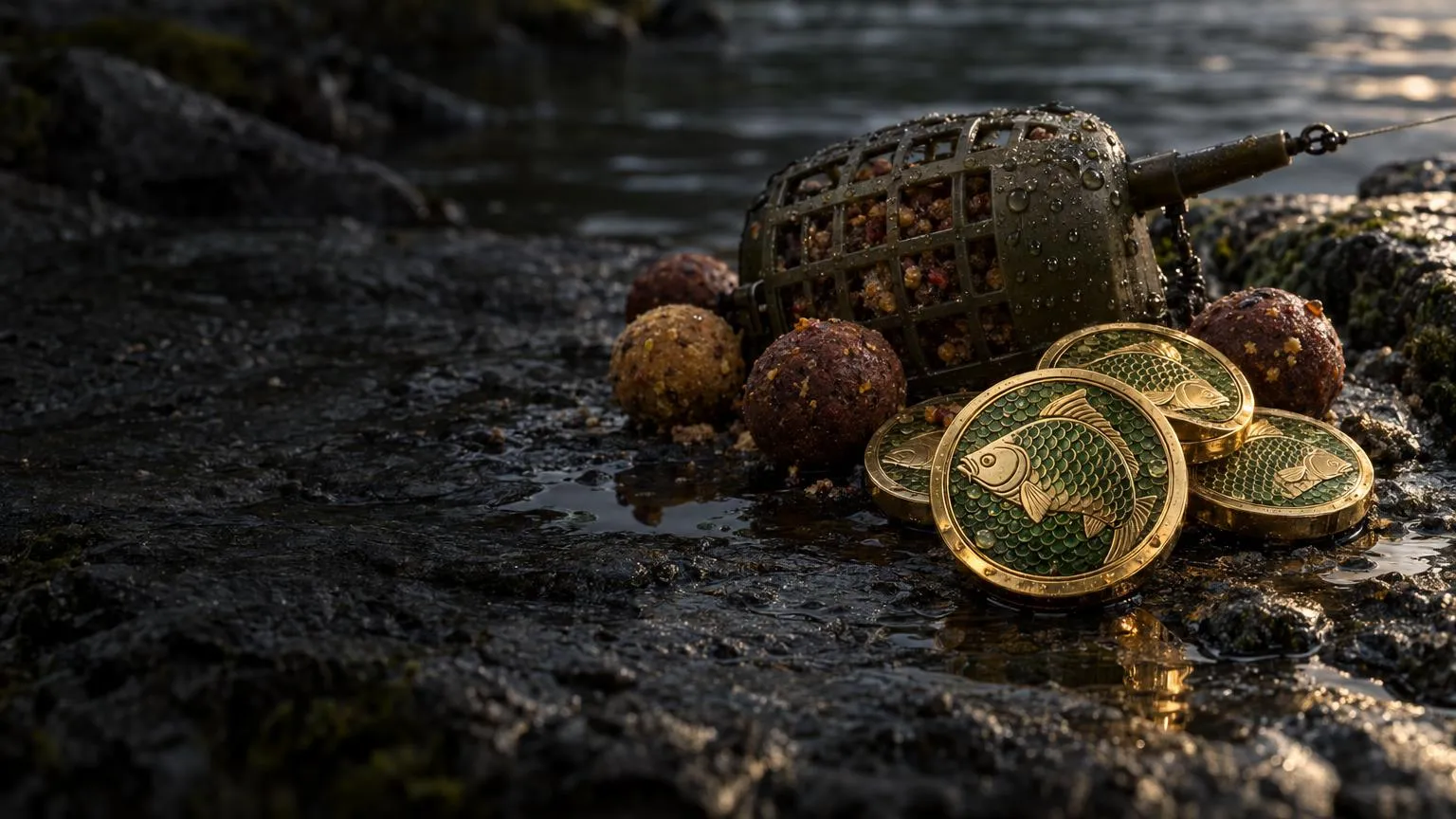 Krmítko, boilies a mince-šupiny věrnostního programu na mokrém kameni